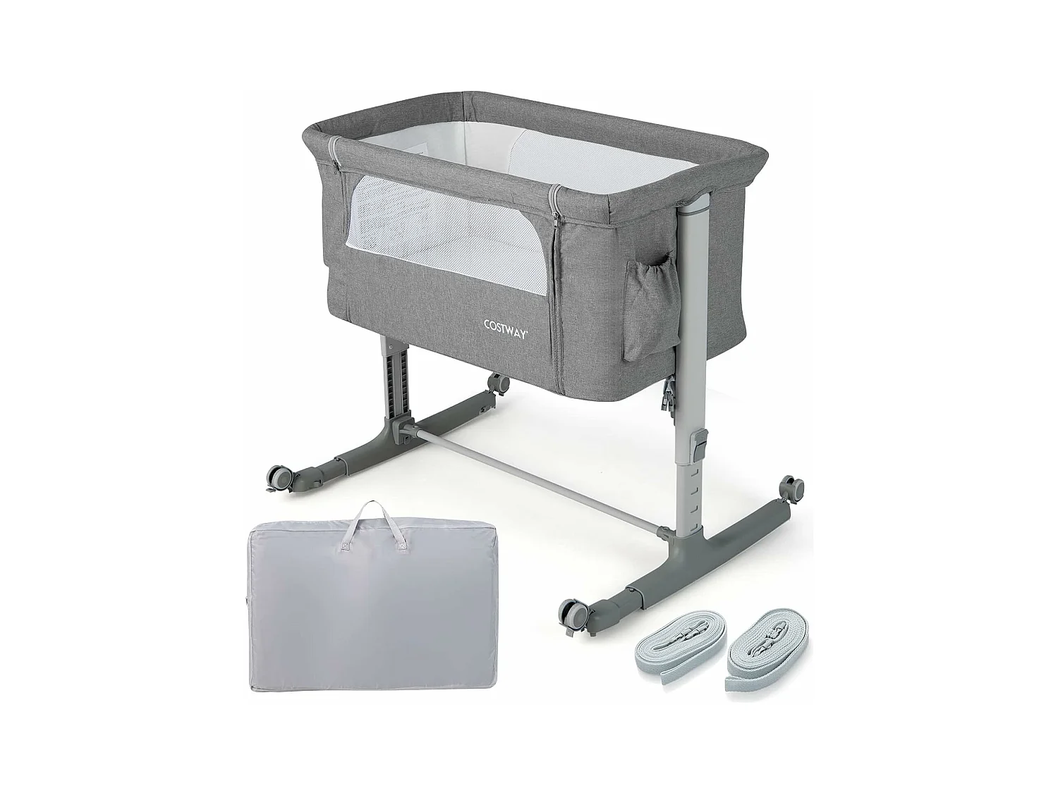 Lit Cododo Bébé 3 en 1 avec Hauteur Réglable 5 Niveaux, Lit Berceau Inclinaison de 10° avec Matelas Confortable,Maille Respirante,Charge 9KG,Sac de Voyage pour Bébé 0-5 Mois, Gris Clair