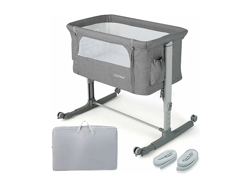 Lit Cododo Bébé 3 en 1 avec Hauteur Réglable 5 Niveaux, Lit Berceau Inclinaison de 10° avec Matelas Confortable,Maille Respirante,Charge 9KG,Sac de Voyage pour Bébé 0-5 Mois, Gris Clair