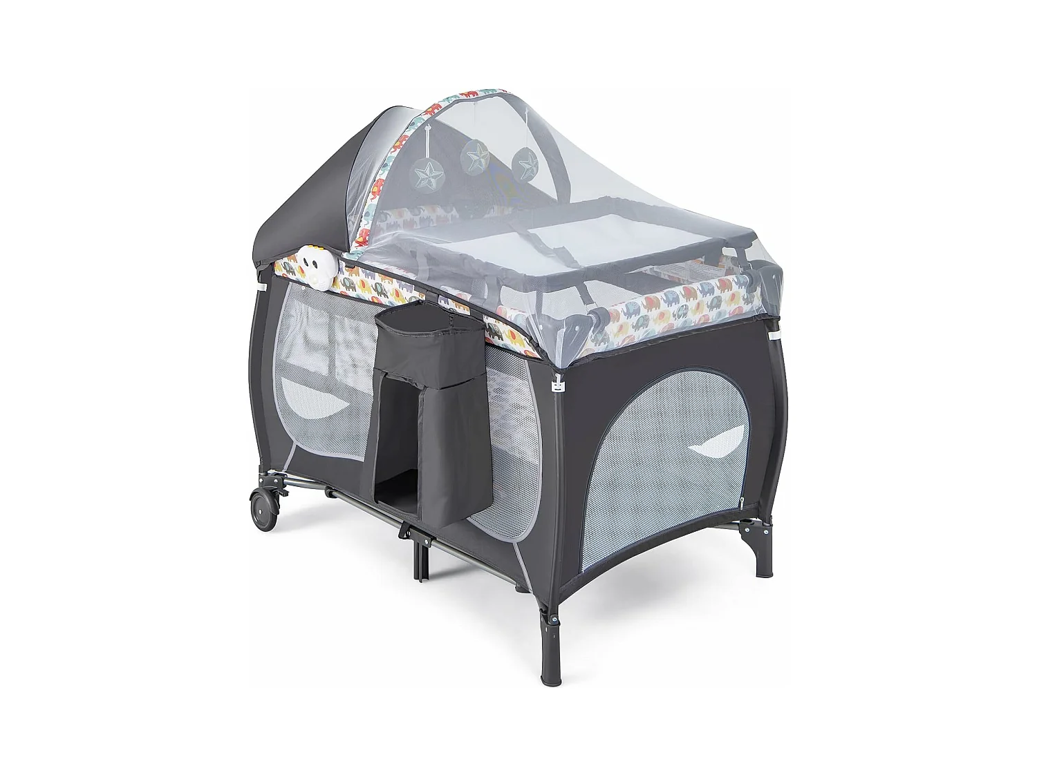 5 en 1 Lit Parapluie Bébé avec Matelas & Moustiquaire, Lit Bébé Evolutif avec Table à Langer, 3 Jouets Mignons & Boîte à Musique, Sac de Transport, Charge 9kg pour 0-36 Mois, Coloré