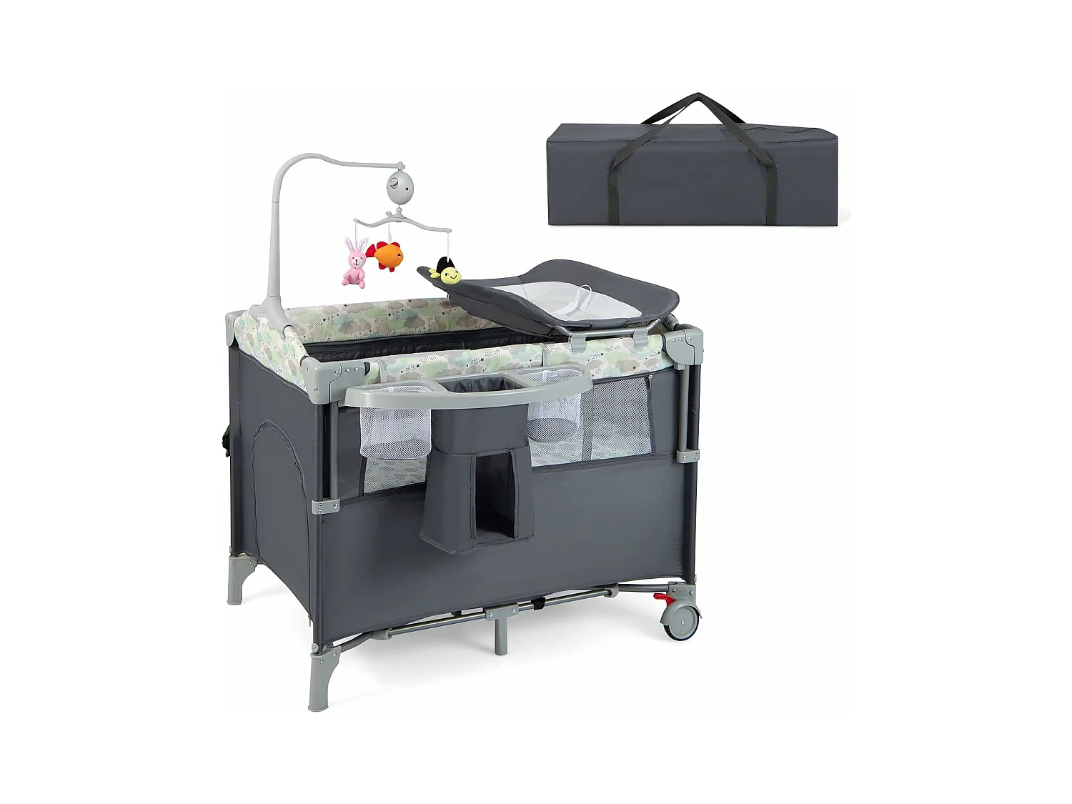 Lit Parapluie Bébé 5 en 1 avec Table à Langer Amovible, Lit Cododo Pliable avec Matelas, Musique et 3 Jouets Suspendus, 2 Roues Verrouillables, Sac de Transport pour 0-36 Mois (Gris)
