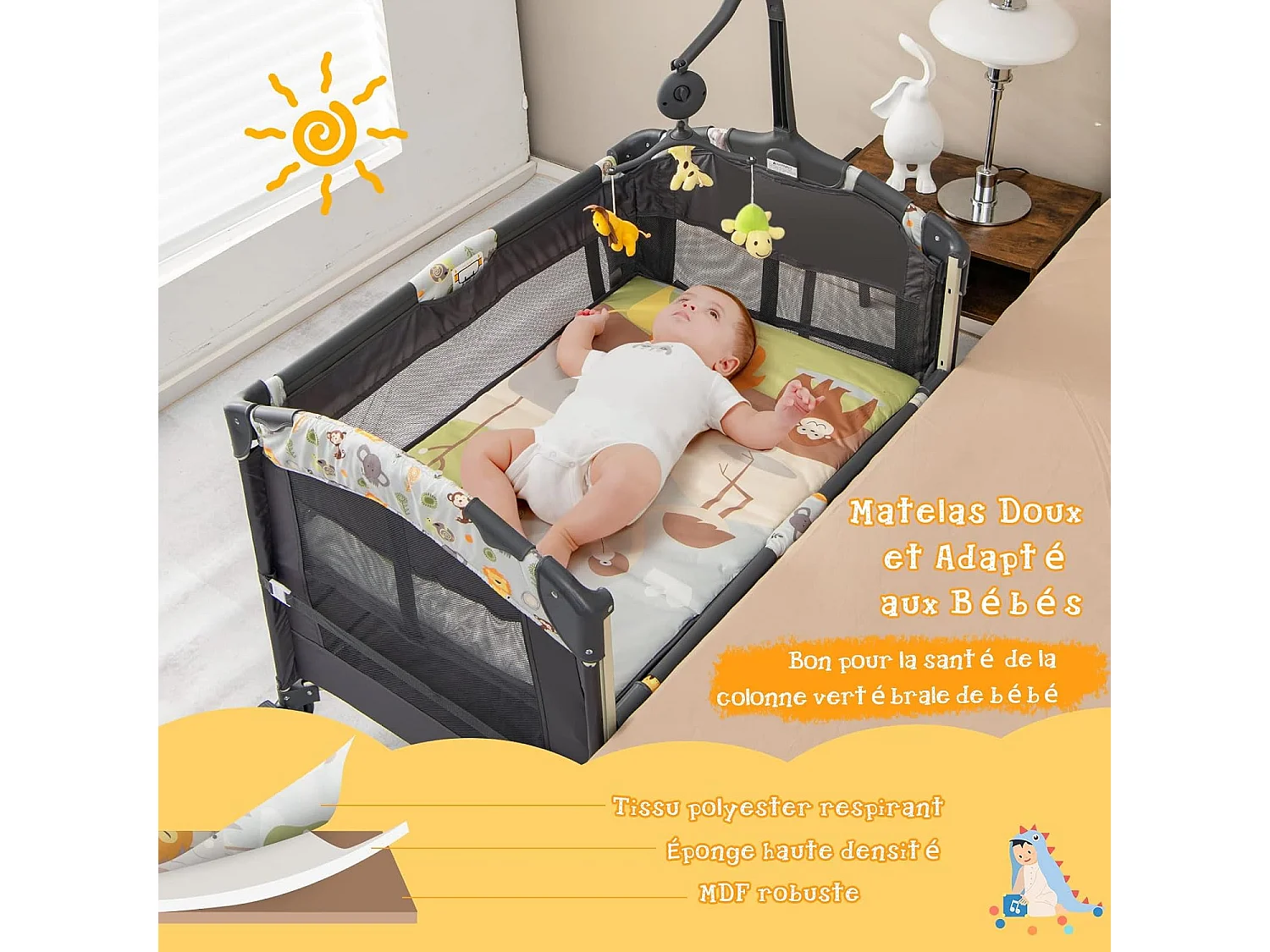 3 en 1 Lit Parapluie Bébé avec Berceau en Tissu Oxford, Lit de Voyage avec Centre Musical et Table à Langer pour Bébé 0-36 Mois Hauteur Réglable Gris