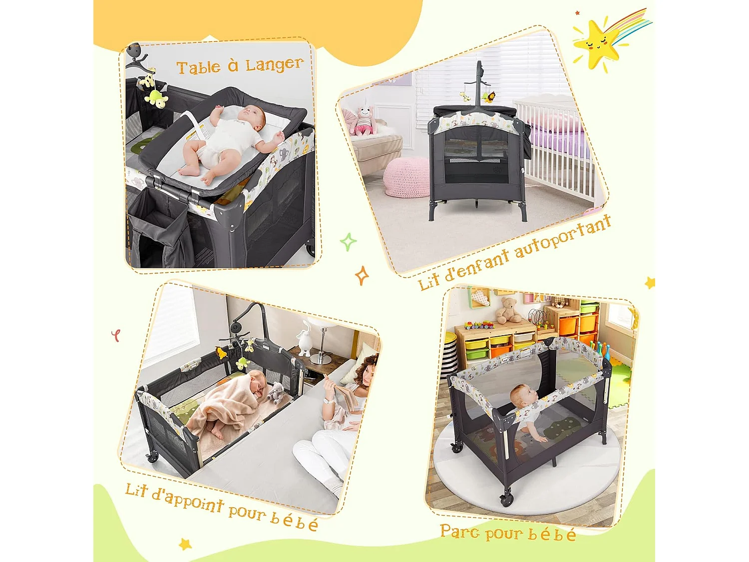 3 en 1 Lit Parapluie Bébé avec Berceau en Tissu Oxford, Lit de Voyage avec Centre Musical et Table à Langer pour Bébé 0-36 Mois Hauteur Réglable Gris