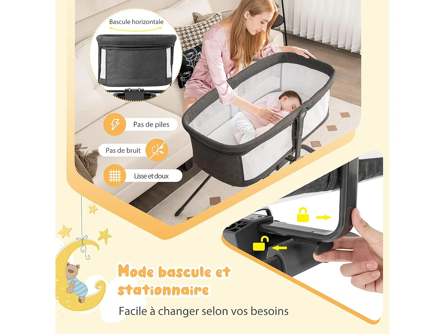 Berceau Bébé Pliable avec Matelas,Sac de Transport Mode Berçant et Stationnaire Inclinaison Réglable 9Kg Housse en Tissu