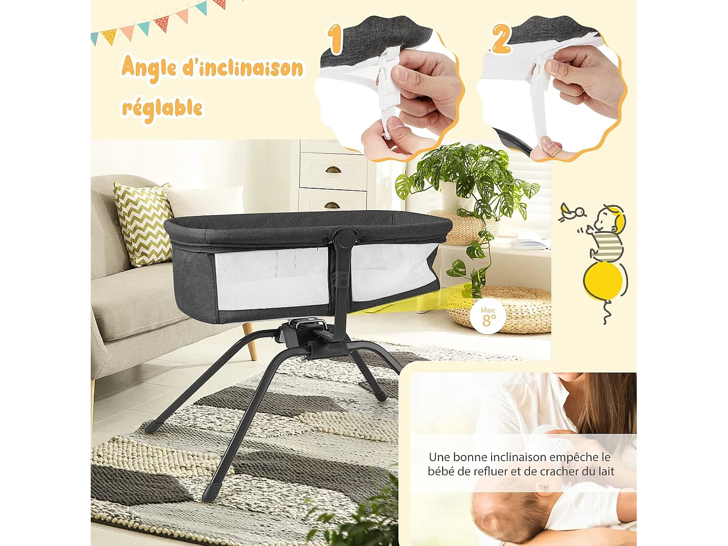 Berceau Bébé Pliable avec Matelas,Sac de Transport Mode Berçant et Stationnaire Inclinaison Réglable 9Kg Housse en Tissu