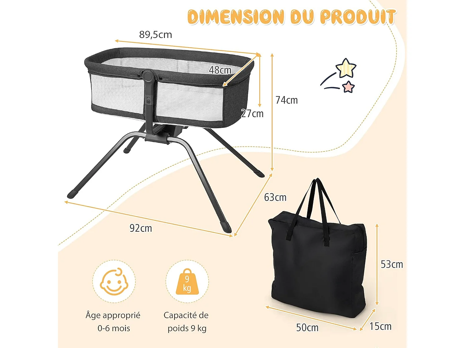 Berceau Bébé Pliable avec Matelas,Sac de Transport Mode Berçant et Stationnaire Inclinaison Réglable 9Kg Housse en Tissu