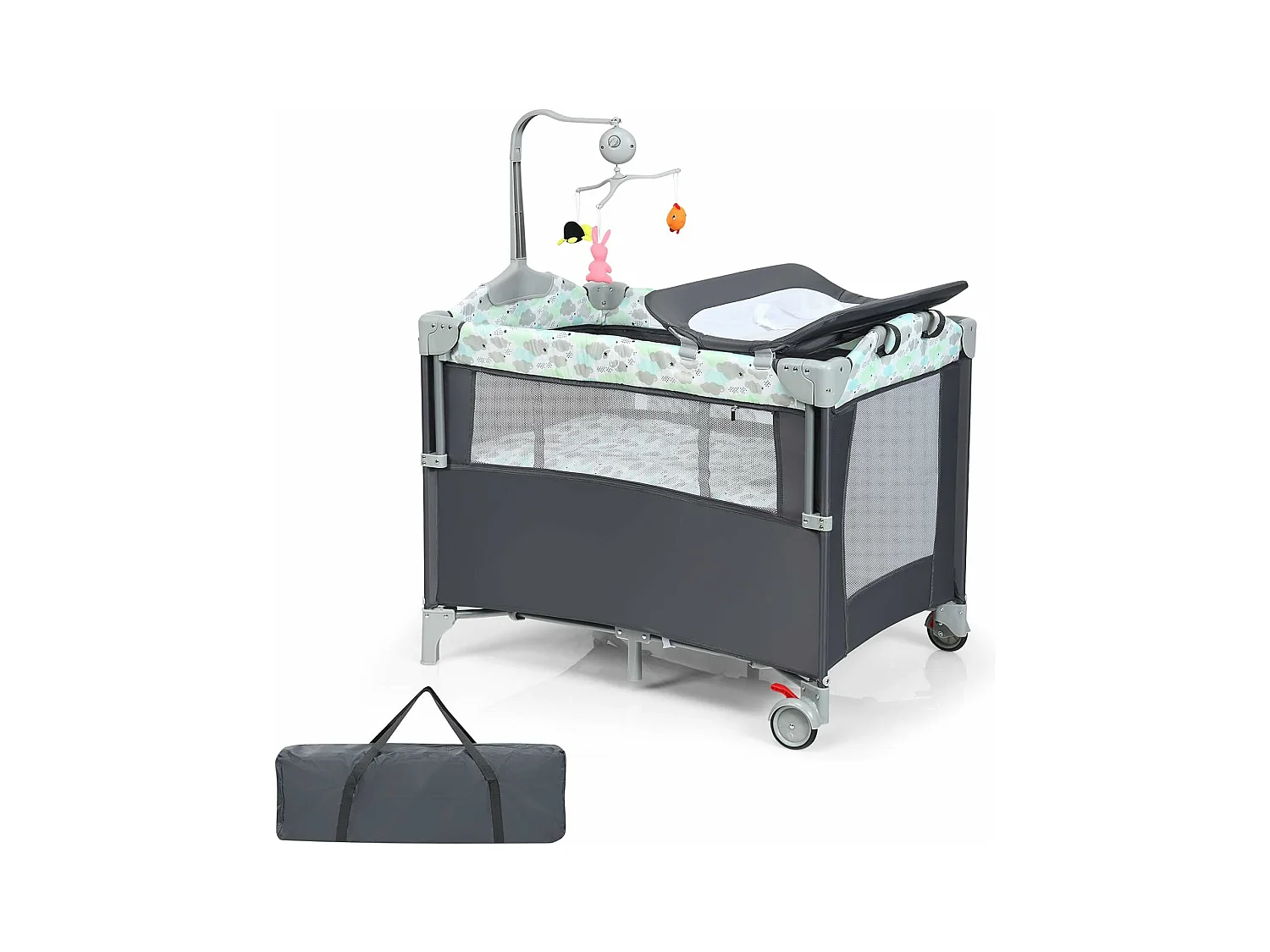 Lit Parapluie Pliable pour Bébé 5 en 1 Lit Cododo avec Matelas,Table à Langer,Garde-corps Réglable,Boîte à Musique et 3 Jouets Suspendus Lit de Voyage Portable avec Sac pour 0-36 Mois