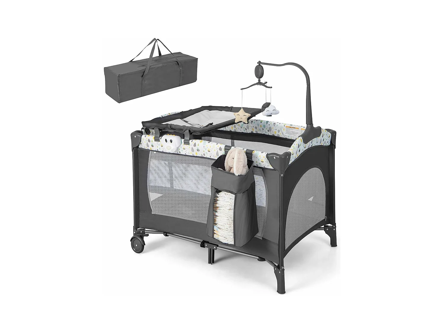 4 en 1 Lit Parapluie Bébé avec Matelas & Table à Langer, Lit Bébé Evolutif avec 3 Jouets Mignons & Boîte à Musique, Sac de Transport, 102x72cm, Charge 9kg pour 0-36 Mois, Beige