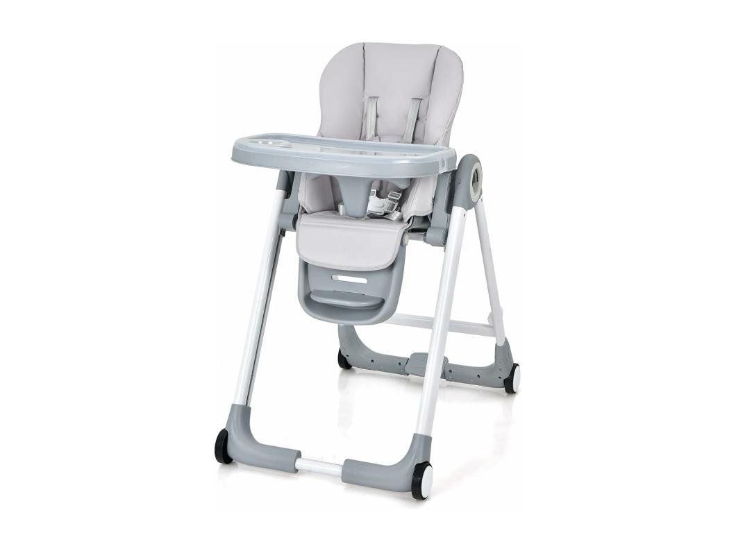 Chaise Haute Bébé Pliable, Chaise d’Alimentation Portable pour Tout-Petits avec Double Plateau, Siège Enfant avec Hauteur/Dossier/Repose-Pieds Réglables, 6-36 Mois, Charge 15KG, Gris
