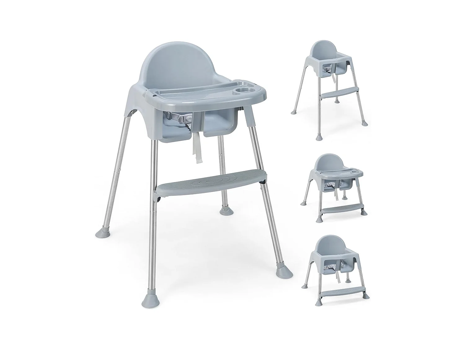 4 en 1 Chaise Haute Bébé Convertible avec Plateau Double Amovible, Chaise d'Alimentation avec Harnais de Sécurité à 3 Points et Repose-Pieds, Charge 15kg pour Bébé de 6-36 Mois (Gris)