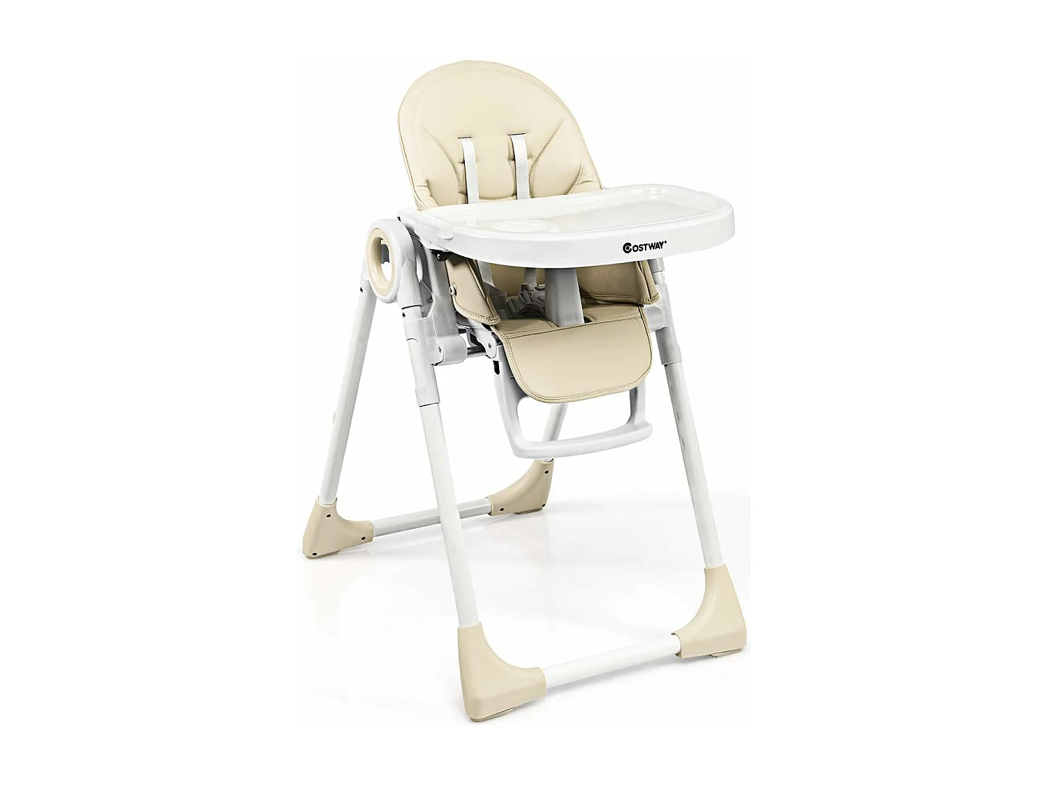 Chaise Haute Bébé Evolutive Pliable 2 en 1 en PP Hauteur et Angle Réglables avec Assiette,Plateau de Jeu Charge 20KG Beige