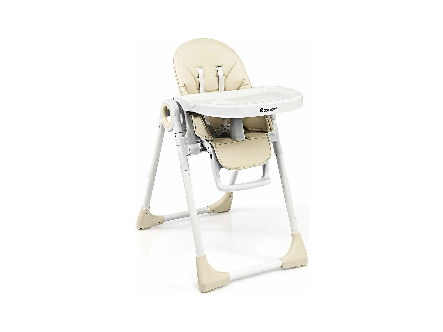 Chaise Haute Bébé Evolutive Pliable 2 en 1 en PP Hauteur et Angle Réglables avec Assiette,Plateau de Jeu Charge 20KG Beige