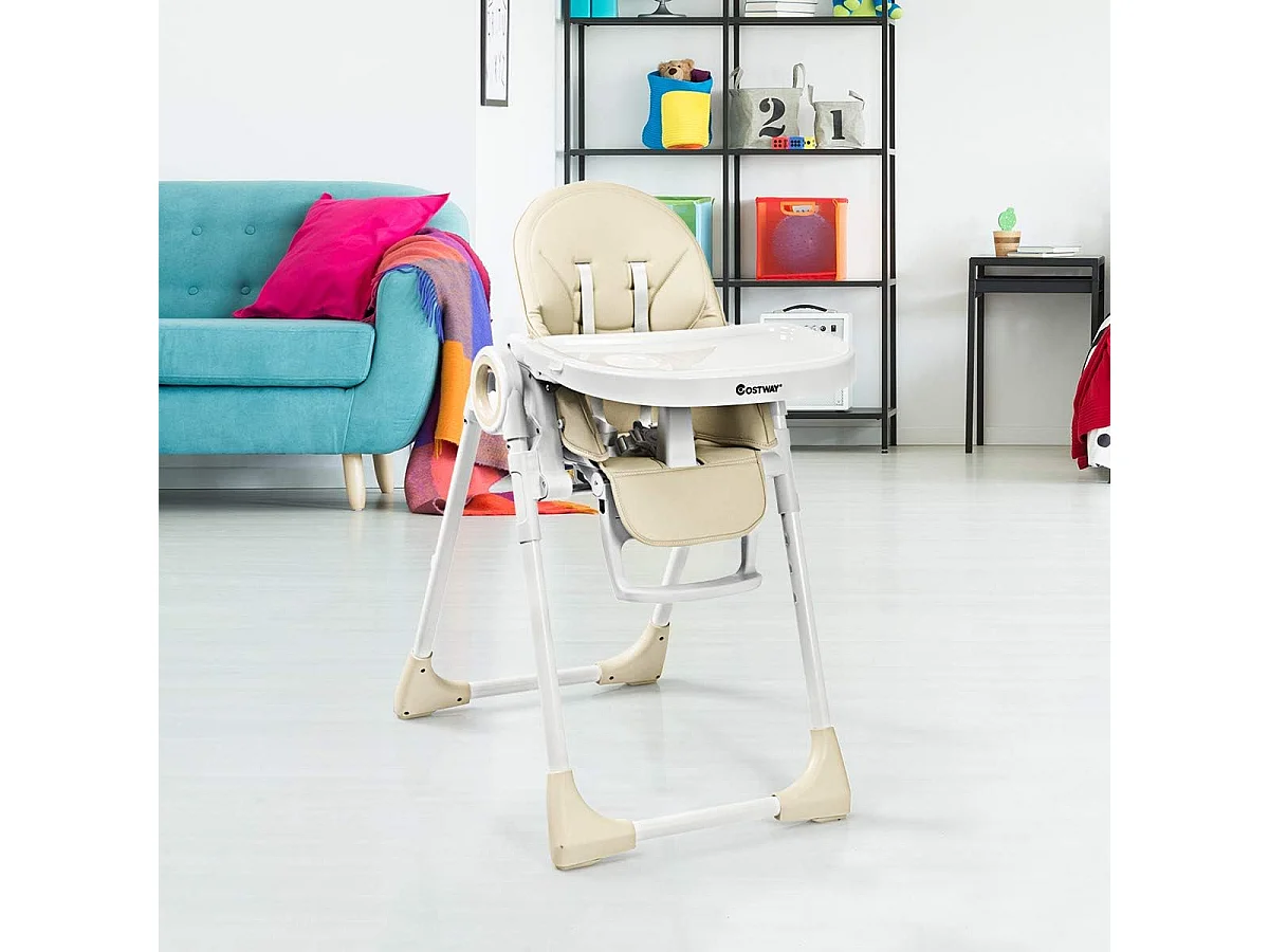 Chaise Haute Bébé Evolutive Pliable 2 en 1 en PP Hauteur et Angle Réglables avec Assiette,Plateau de Jeu Charge 20KG Beige