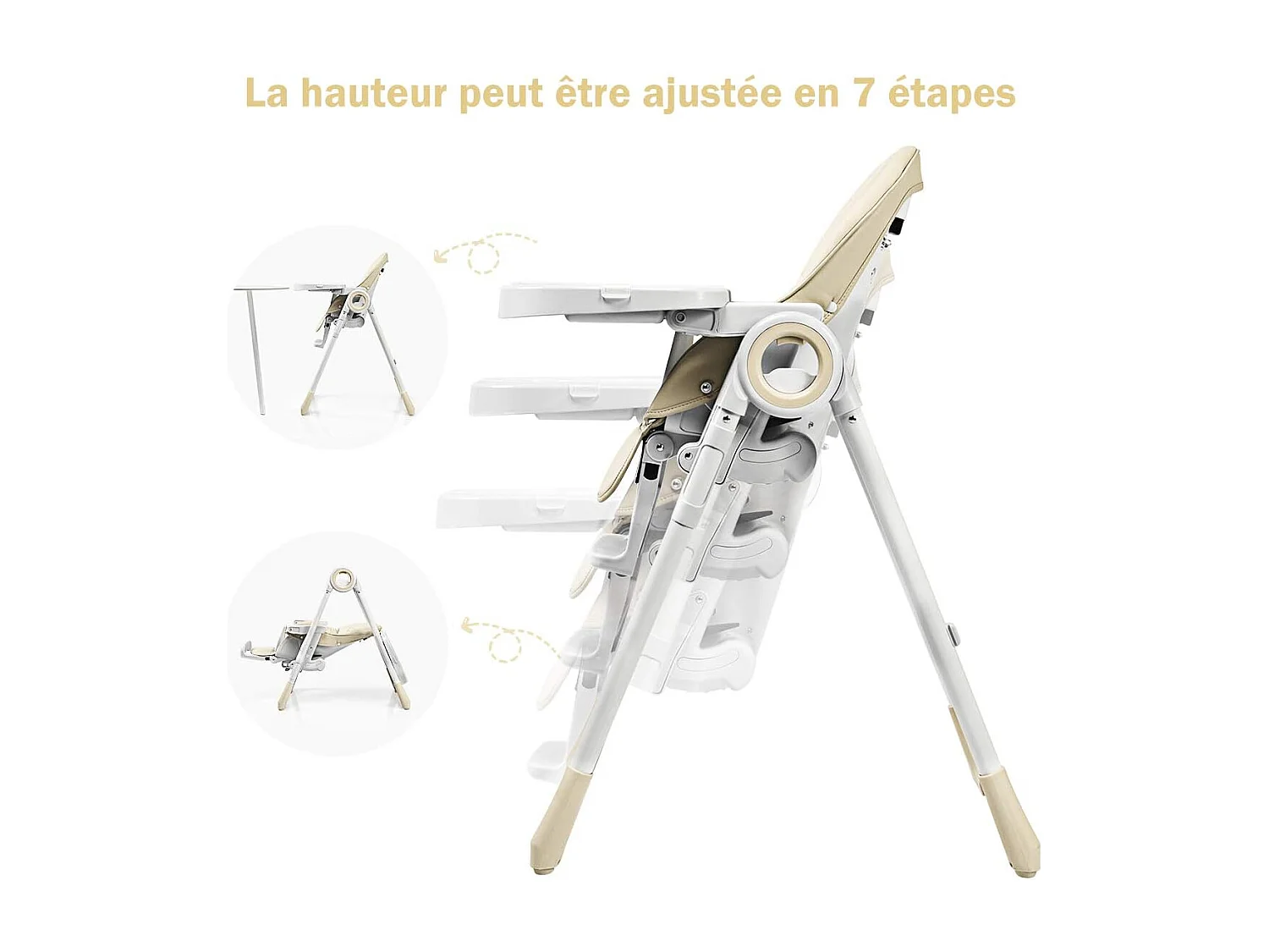 Chaise Haute Bébé Evolutive Pliable 2 en 1 en PP Hauteur et Angle Réglables avec Assiette,Plateau de Jeu Charge 20KG Beige