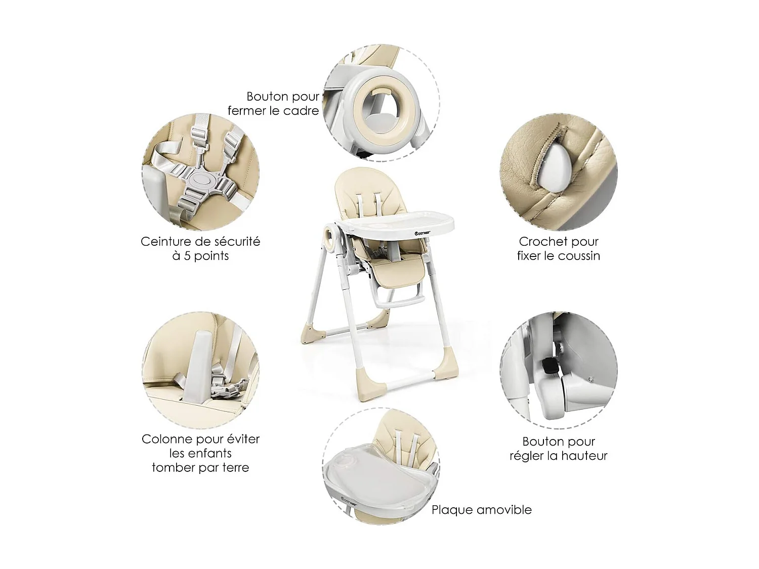 Chaise Haute Bébé Evolutive Pliable 2 en 1 en PP Hauteur et Angle Réglables avec Assiette,Plateau de Jeu Charge 20KG Beige