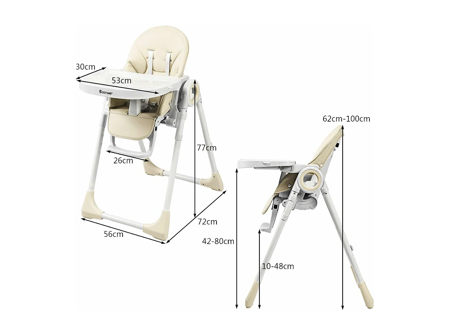 Chaise Haute Bébé Evolutive Pliable 2 en 1 en PP Hauteur et Angle Réglables avec Assiette,Plateau de Jeu Charge 20KG Beige