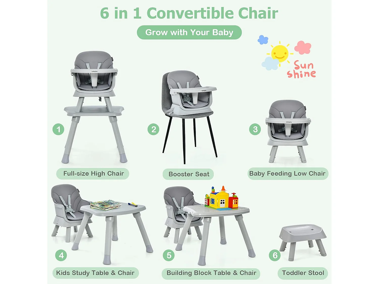 Chaise Haute Bébé Evolutive 6 en 1 avec Plateau Blocs de Construction Amovible Harnais à 5 Points,Charge 25kg,6-36 Mois Gris