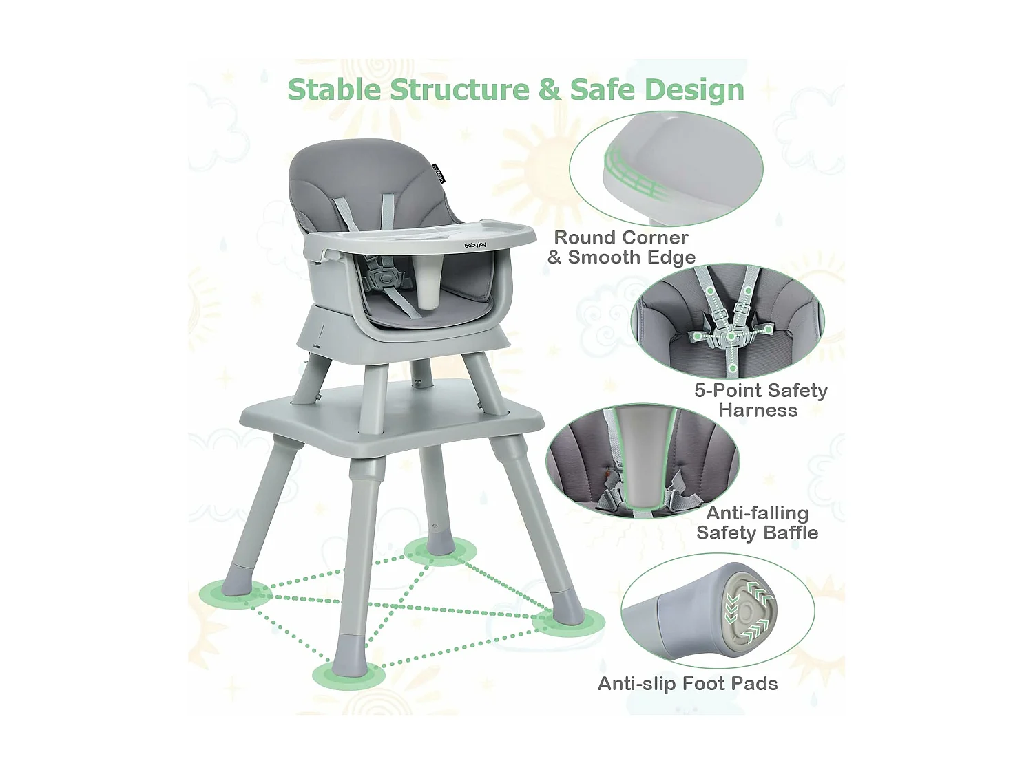 Chaise Haute Bébé Evolutive 6 en 1 avec Plateau Blocs de Construction Amovible Harnais à 5 Points,Charge 25kg,6-36 Mois Gris
