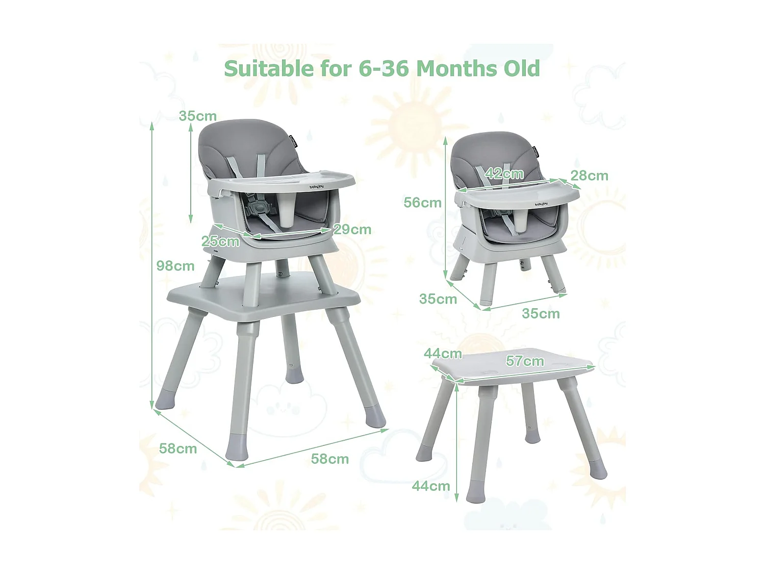 Chaise Haute Bébé Evolutive 6 en 1 avec Plateau Blocs de Construction Amovible Harnais à 5 Points,Charge 25kg,6-36 Mois Gris