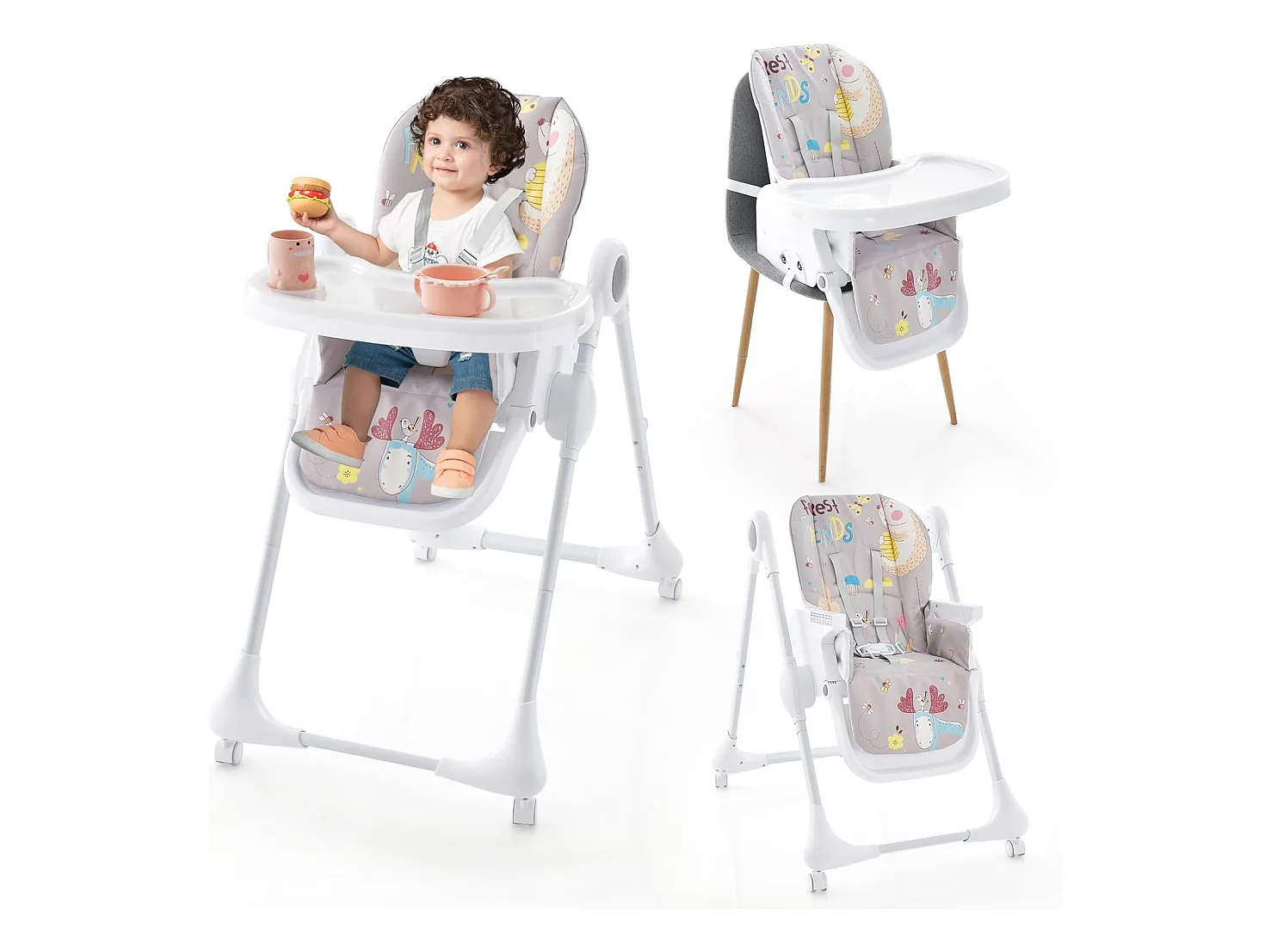 Chaise Haute Bébé Pliable 3 en 1, Chaise Haute Bébé Évolutive avec Double Plateau Amovible et Réglable, 7 Hauteurs et 3 Angles d'Inclinaison, Roue Verrouillable, 6-36 Mois, Max 23KG (Gris)