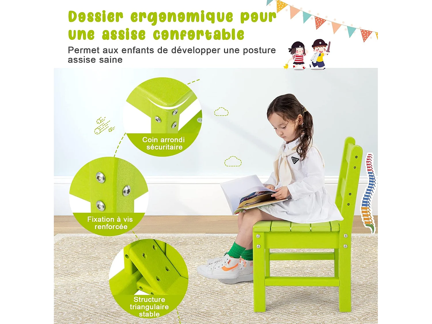 Lot de 2 Chaises pour Enfants en Plastique PE - 34 x 33 x 57 cm (L x l x H) Vert