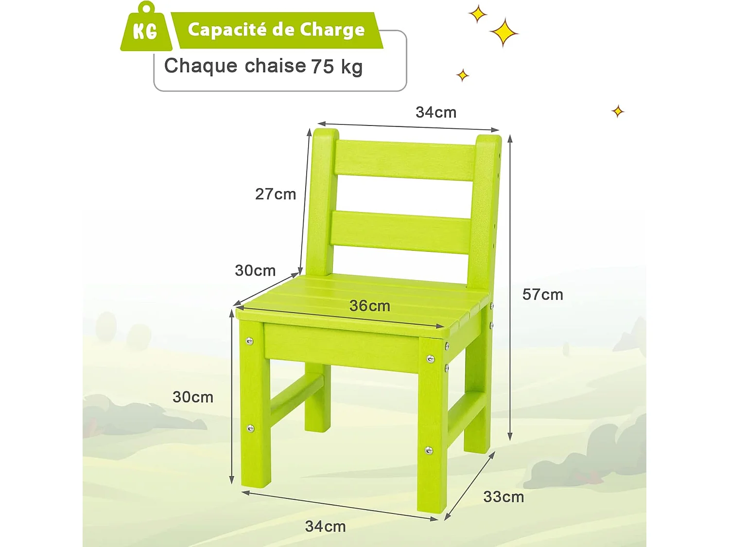 Lot de 2 Chaises pour Enfants en Plastique PE - 34 x 33 x 57 cm (L x l x H) Vert