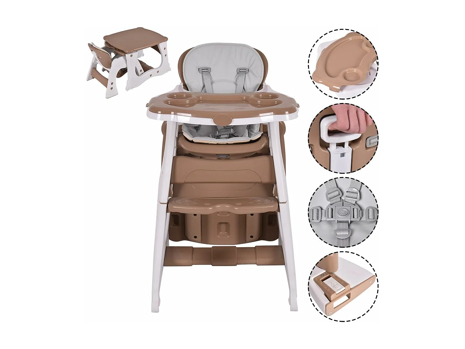 3 en 1 Chaise Haute Convertible pour Bébé 6-36 Mois, Table et Chaise pour Enfant avec Plateau, Dossier Réglable et Ceinture de Sécurité à 5 points (Café)