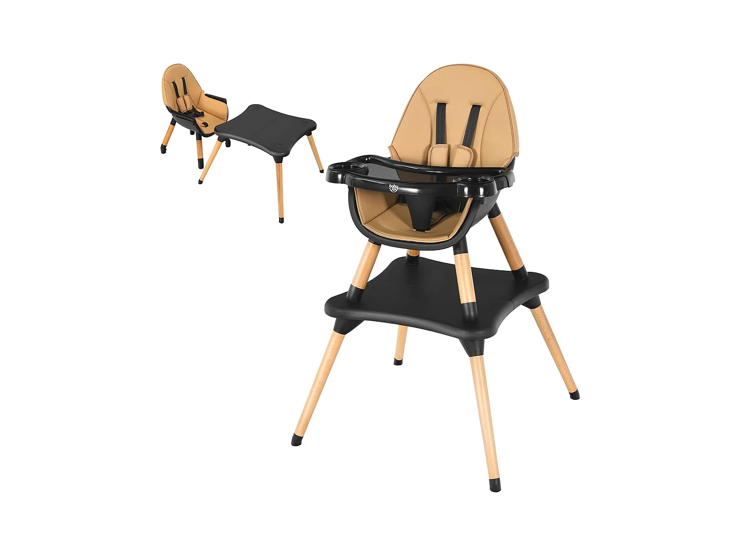4 en 1 Chaise Haute Bébé Convertible Plateau Réglable en 4 Etapes-Peut être Démonté en une Table et une Chaise avec Coussin Amovible,Repose-Pieds pour Bébé 6 Mois-3Ans Charge 15KG (Café)