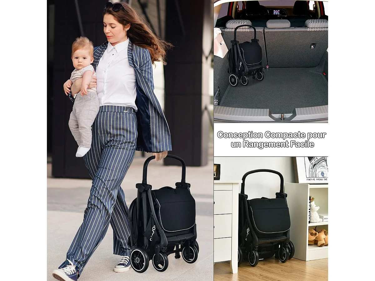 Poussette Bébé Pliant à une Main Dossier Incliné 100°-145° et Auvent Repose-pieds Réglables Structure en Aluminium(Noir)