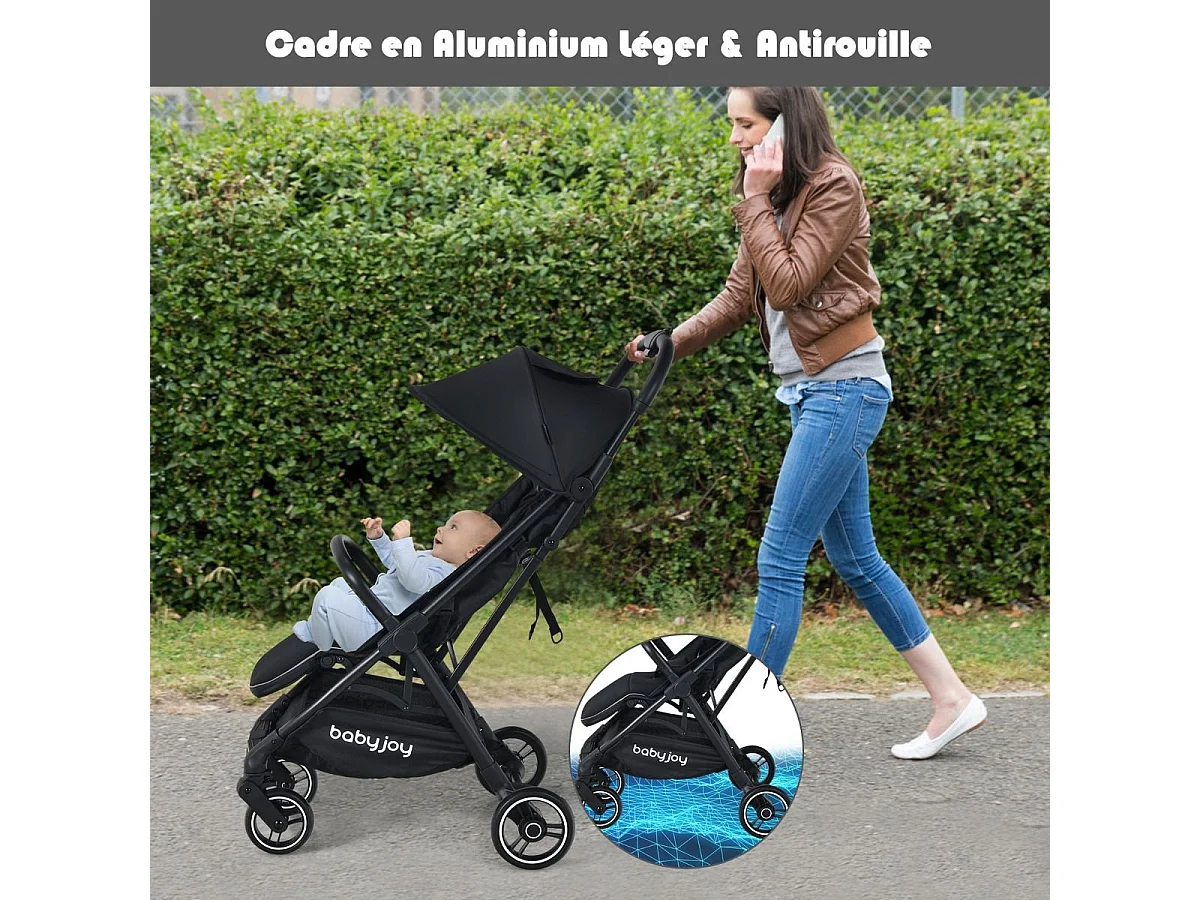 Poussette Bébé Pliant à une Main Dossier Incliné 100°-145° et Auvent Repose-pieds Réglables Structure en Aluminium(Noir)