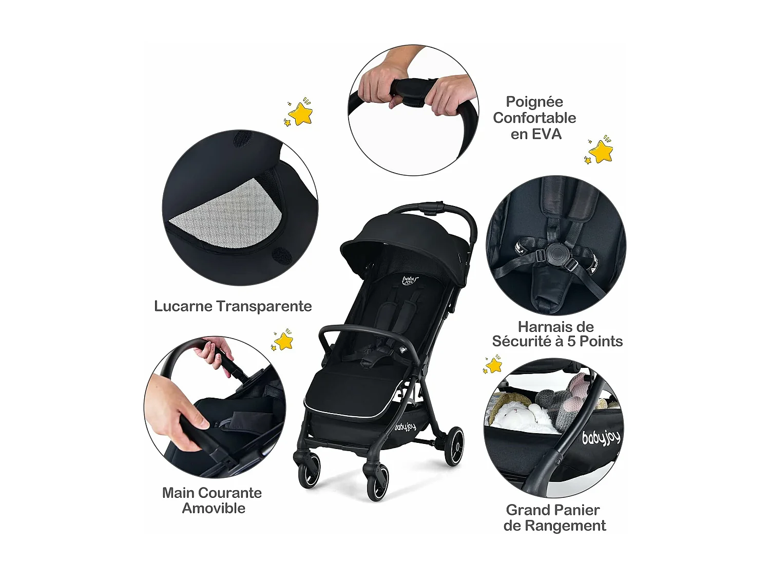 Poussette Bébé Pliant à une Main Dossier Incliné 100°-145° et Auvent Repose-pieds Réglables Structure en Aluminium(Noir)