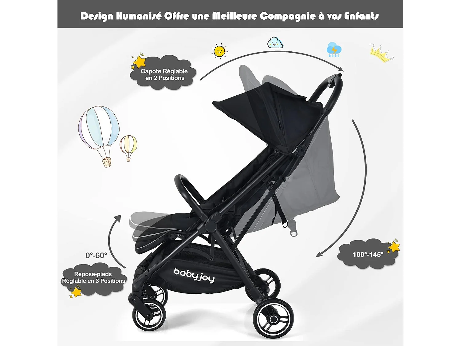 Poussette Bébé Pliant à une Main Dossier Incliné 100°-145° et Auvent Repose-pieds Réglables Structure en Aluminium(Noir)