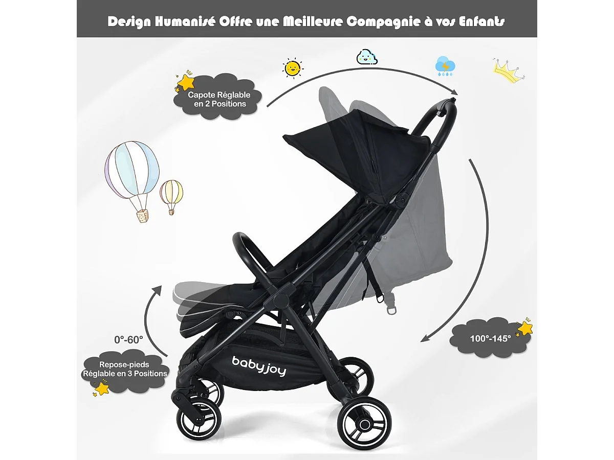Poussette Bébé Pliant à une Main Dossier Incliné 100°-145° et Auvent Repose-pieds Réglables Structure en Aluminium(Noir)