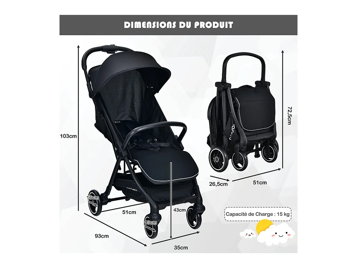 Met één hand opvouwbare kinderwagen, 100°-145° verstelbare rugleuning en kap, verstelbare voetensteun, aluminium frame (zwart)