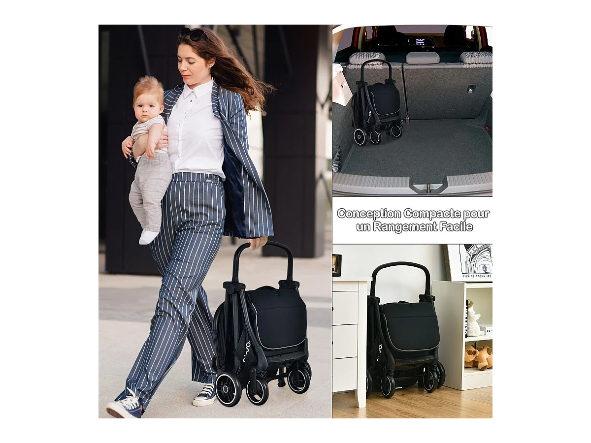 Met één hand opvouwbare kinderwagen, 100°-145° verstelbare rugleuning en kap, verstelbare voetensteun, aluminium frame (zwart)