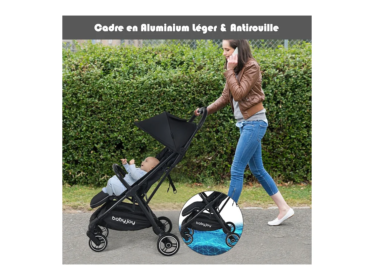 Met één hand opvouwbare kinderwagen, 100°-145° verstelbare rugleuning en kap, verstelbare voetensteun, aluminium frame (zwart)
