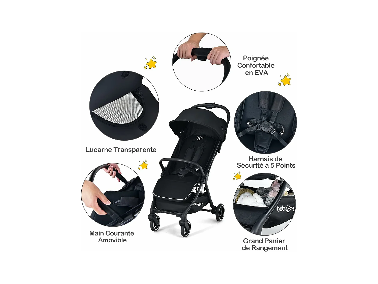 Met één hand opvouwbare kinderwagen, 100°-145° verstelbare rugleuning en kap, verstelbare voetensteun, aluminium frame (zwart)