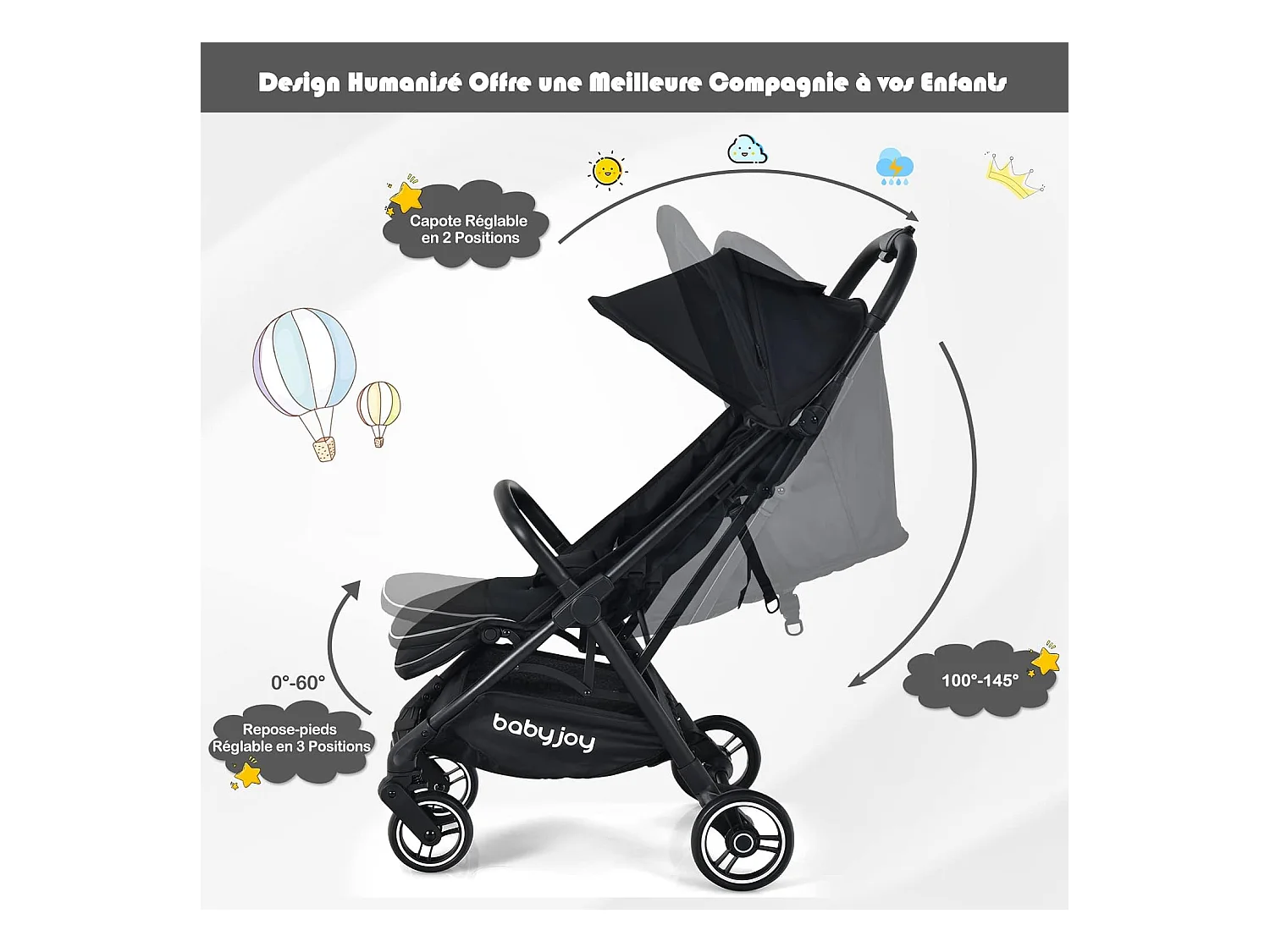 Met één hand opvouwbare kinderwagen, 100°-145° verstelbare rugleuning en kap, verstelbare voetensteun, aluminium frame (zwart)
