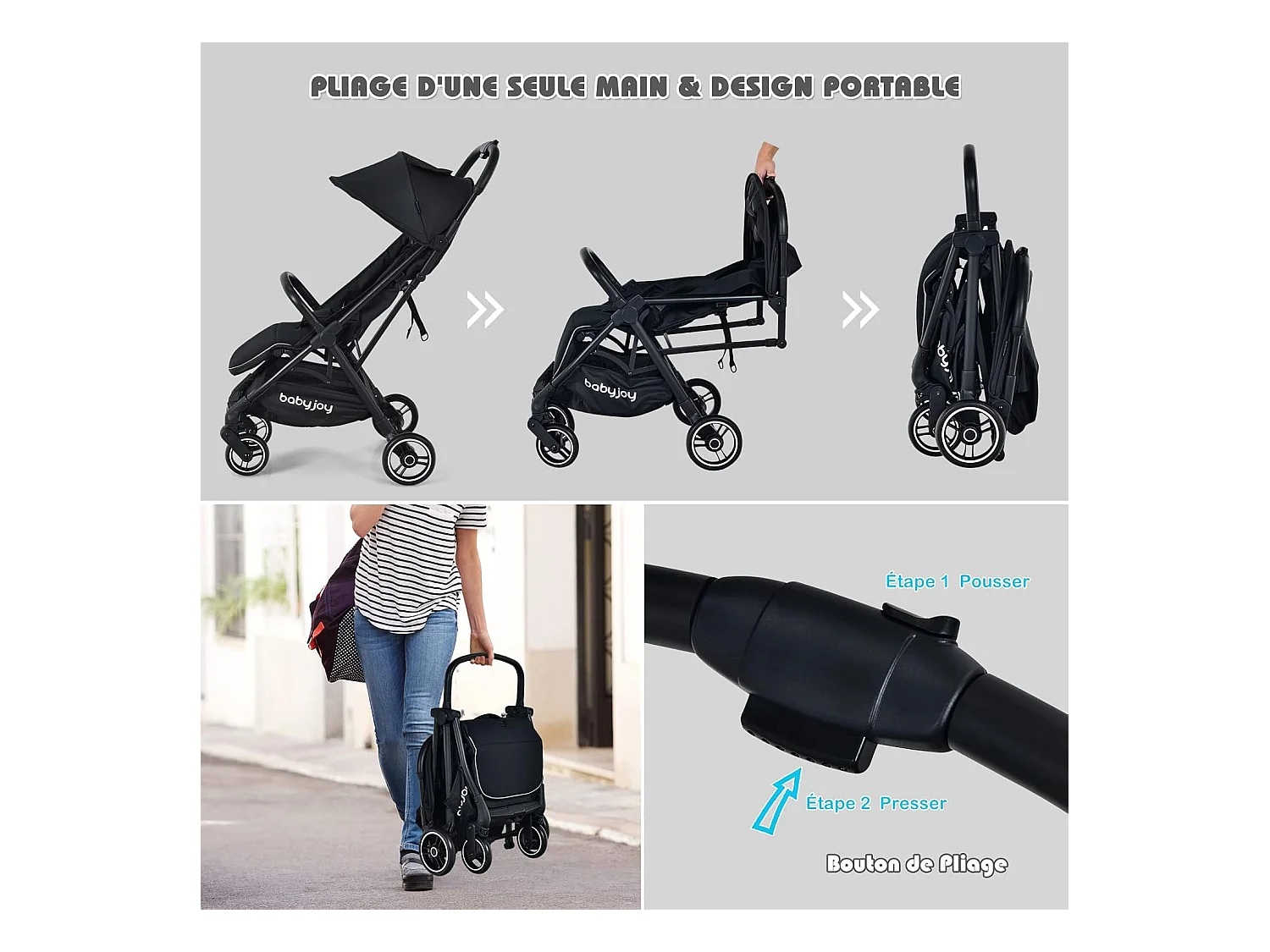Met één hand opvouwbare kinderwagen, 100°-145° verstelbare rugleuning en kap, verstelbare voetensteun, aluminium frame (zwart)