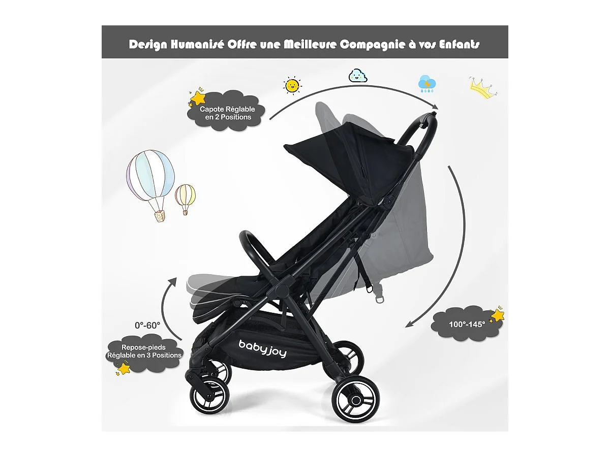 Met één hand opvouwbare kinderwagen, 100°-145° verstelbare rugleuning en kap, verstelbare voetensteun, aluminium frame (zwart)