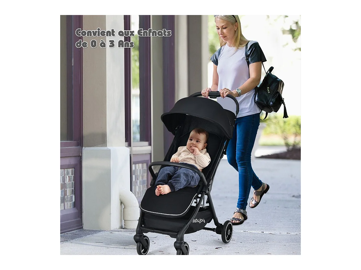 Met één hand opvouwbare kinderwagen, 100°-145° verstelbare rugleuning en kap, verstelbare voetensteun, aluminium frame (zwart)