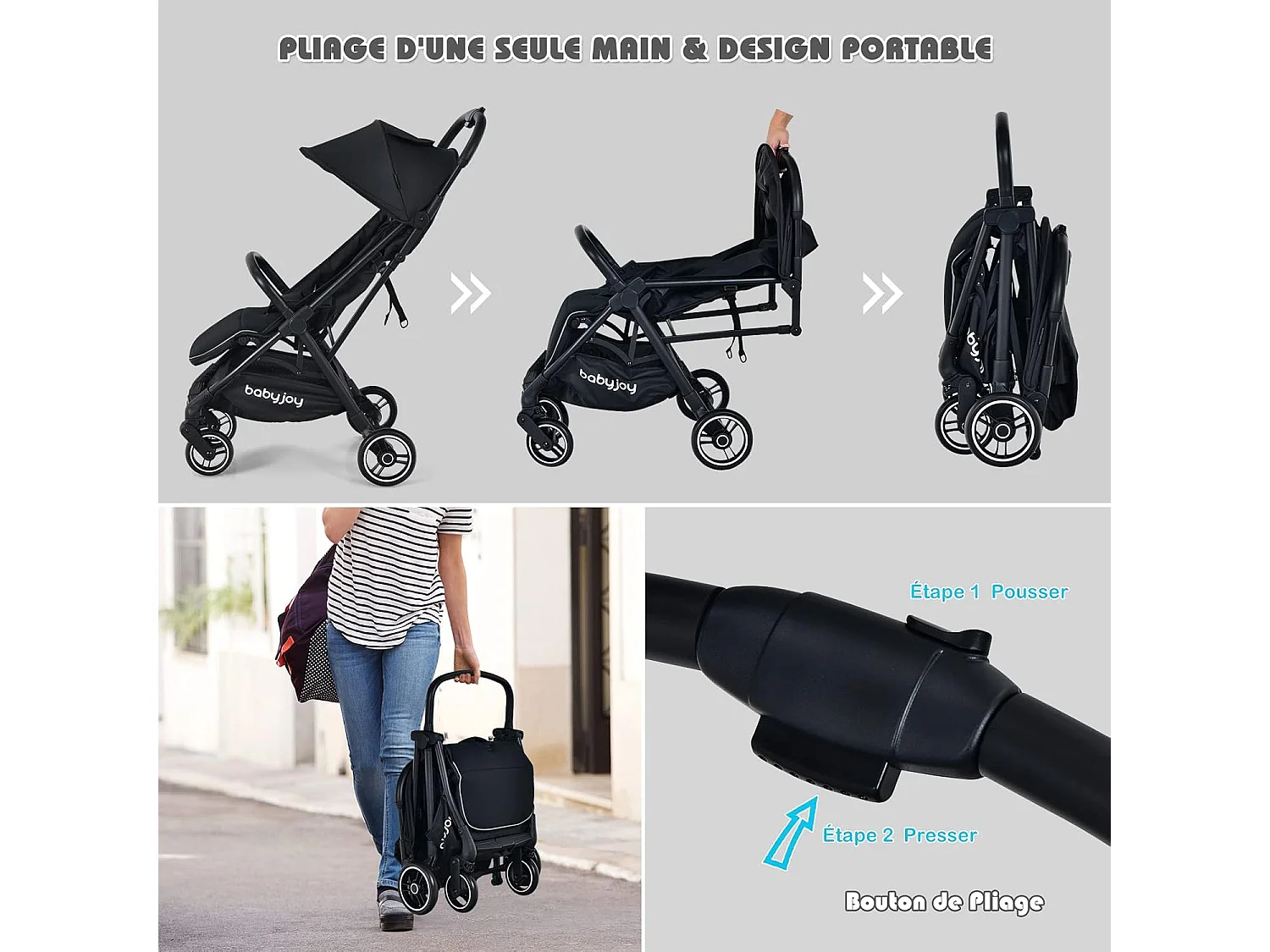 Poussette Bébé Pliant à une Main Dossier Incliné 100°-145° et Auvent Repose-pieds Réglables Structure en Aluminium（Noir)