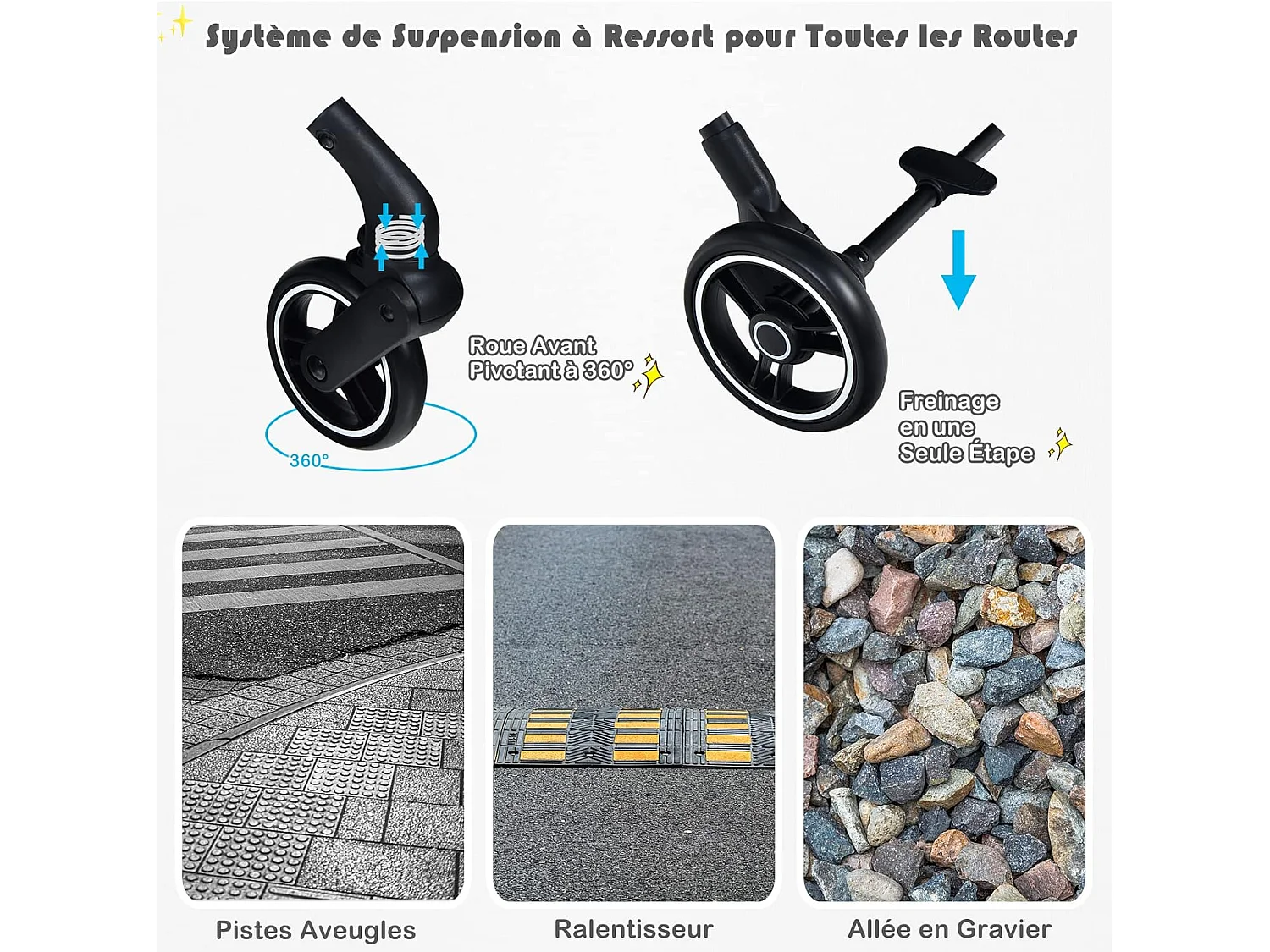 Poussette Bébé Pliant à une Main Dossier Incliné 100°-145° et Auvent Repose-pieds Réglables Structure en Aluminium（Noir)