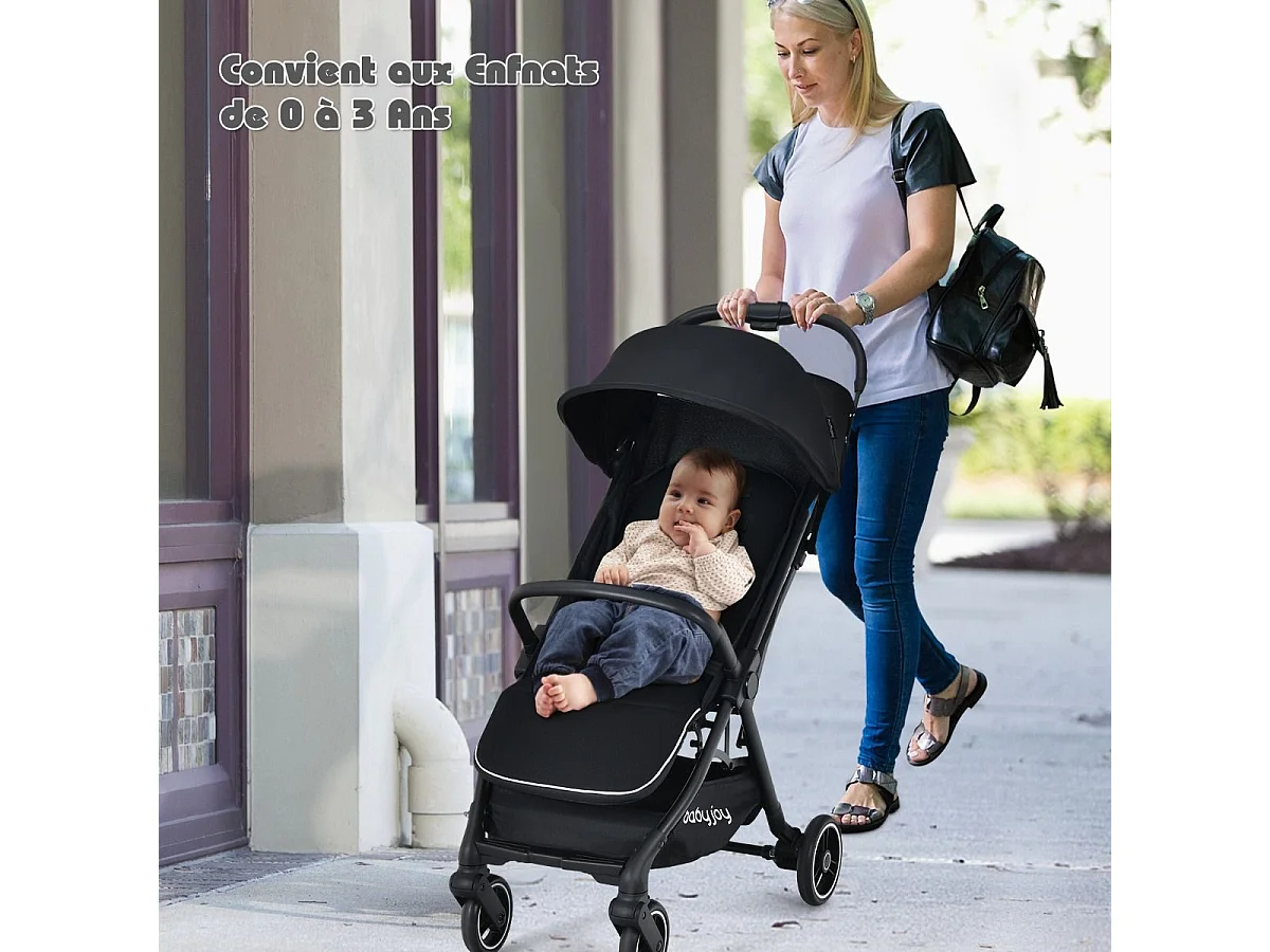 Poussette Bébé Pliant à une Main Dossier Incliné 100°-145° et Auvent Repose-pieds Réglables Structure en Aluminium（Noir)