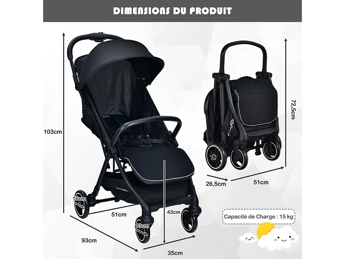 Poussette Bébé Pliant à une Main Dossier Incliné 100°-145° et Auvent Repose-pieds Réglables Structure en Aluminium（Noir)