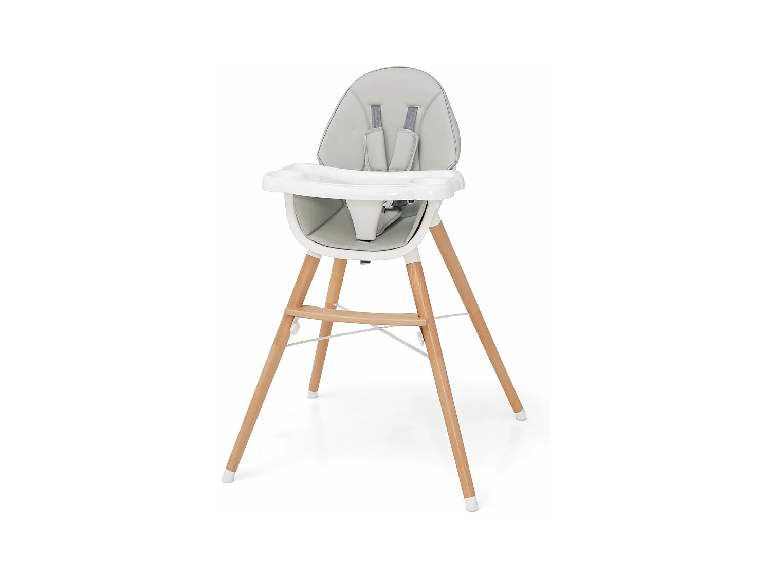 Chaise Haute Bébé avec Double Plateau, Chaise Haute avec Pieds en Bois pour Tout-Petits 6-36 Mois, Chaise d'Alimentation avec Coussin Amovible et Harnais à 5 Points, Charge 15KG (Gris)