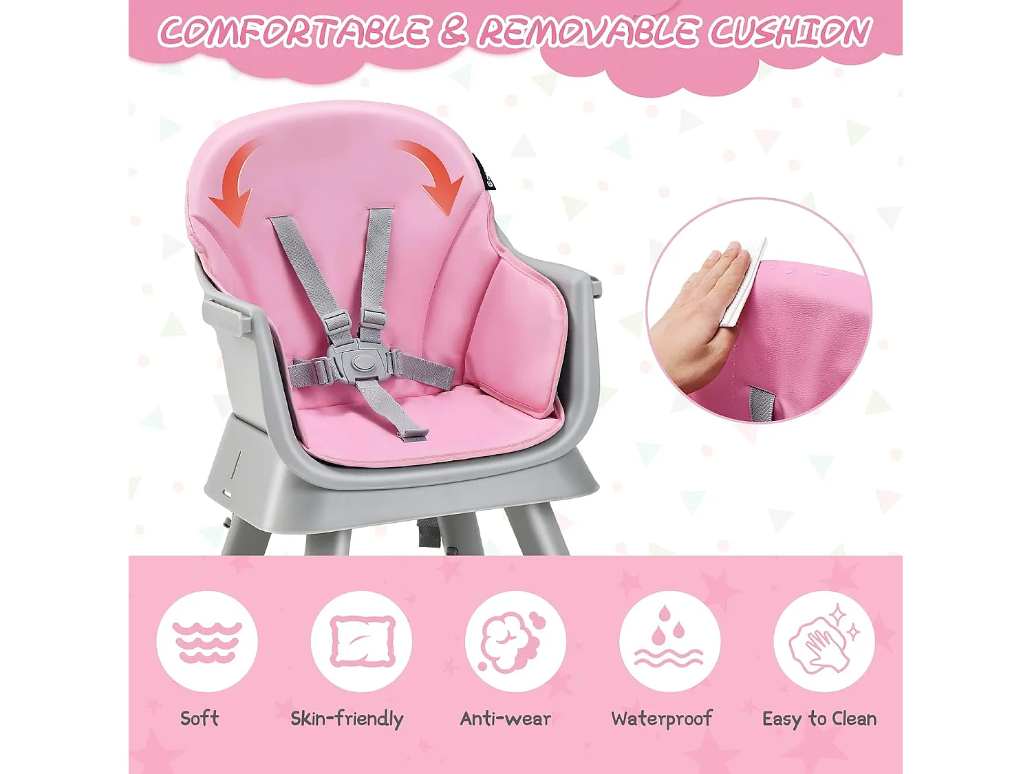 Chaise Haute Bébé Evolutive 6 en 1 avec Plateau Blocs de Construction Amovible Harnais à 5 Points,Charge 25kg,6-36 Mois Rose