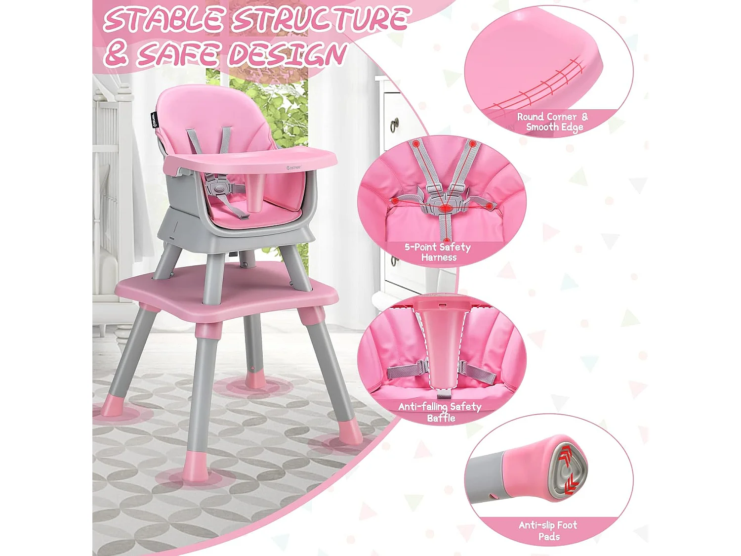 Chaise Haute Bébé Evolutive 6 en 1 avec Plateau Blocs de Construction Amovible Harnais à 5 Points,Charge 25kg,6-36 Mois Rose