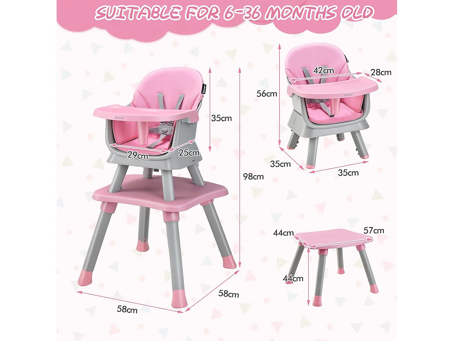 Chaise Haute Bébé Evolutive 6 en 1 avec Plateau Blocs de Construction Amovible Harnais à 5 Points,Charge 25kg,6-36 Mois Rose