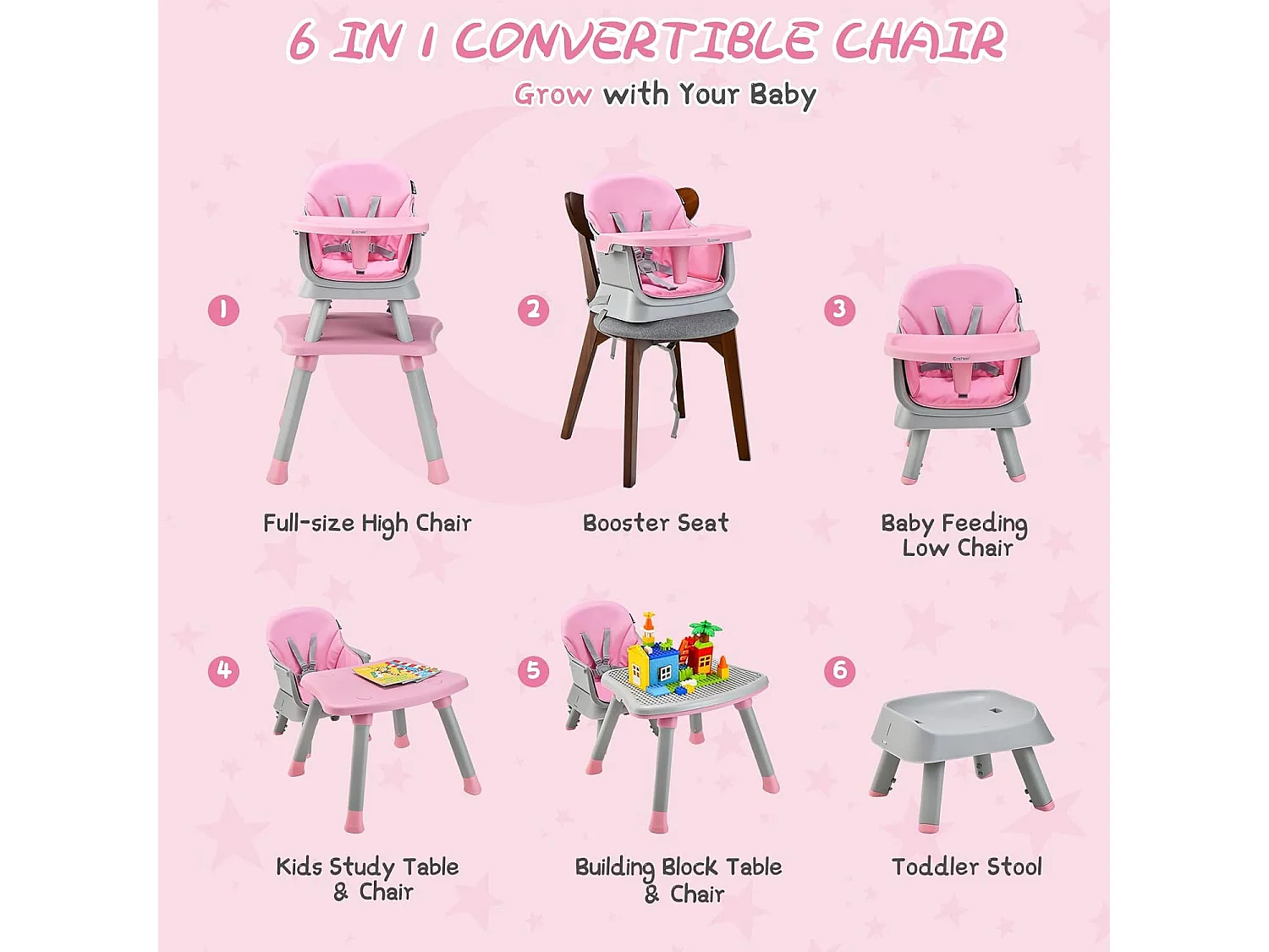 Chaise Haute Bébé Evolutive 6 en 1 avec Plateau Blocs de Construction Amovible Harnais à 5 Points,Charge 25kg,6-36 Mois Rose
