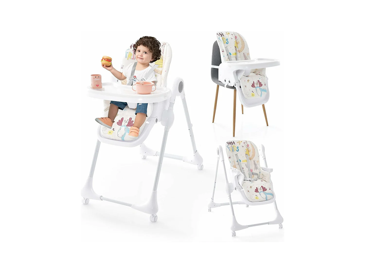 Chaise Haute Bébé Pliable 3 en 1, Chaise Haute Bébé Évolutive avec Double Plateau Amovible et Réglable, 7 Hauteurs et 3 Angles d'Inclinaison, Roue Verrouillable, 6-36 Mois, Max 23KG (Beige)